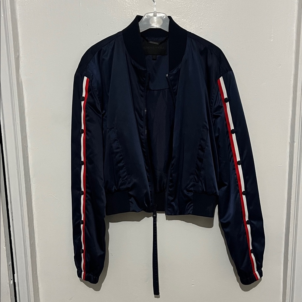 Kendall + Kylie Navy Bomber Jacket with Red and White Stripes